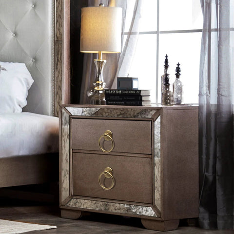 Wooden nightstand with two drawers and brass ring pulls, featuring 5 Pack Gold Ring Drawer Pulls With Screws in a bedroom setting.