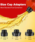 Real Deal 3.2 Gpm Fuel Transfer Pump With Smart Auto Stop Nozzle And Heavy Duty Leak Resistant Housing For Smooth Gas Line Work Without The Drip Mess Daily showing 3-size cap adapters for fuel containers.