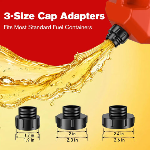 Real Deal 3.2 Gpm Fuel Transfer Pump With Smart Auto Stop Nozzle And Heavy Duty Leak Resistant Housing For Smooth Gas Line Work Without The Drip Mess Daily showing 3-size cap adapters for fuel containers.
