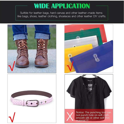Heavy Duty Pro Grade Eyelet Pliers Kit With 3/16 Inch Grommets, showing shoes, fabric samples, a belt, and a shirt as application examples