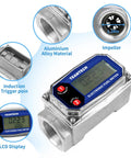 Digital Turbine Flow Meter with LCD Readout and NPT Counter for diesel, gasoline, kerosene, oil; features 1 inch inlet and aluminum alloy material.