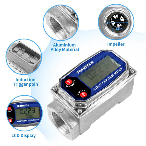 Digital Turbine Flow Meter with LCD Readout and NPT Counter for diesel, gasoline, kerosene, oil; features 1 inch inlet and aluminum alloy material.