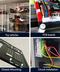 Four images depicting toy vehicles, PCB boards, chassis mounting, and circuit installation.