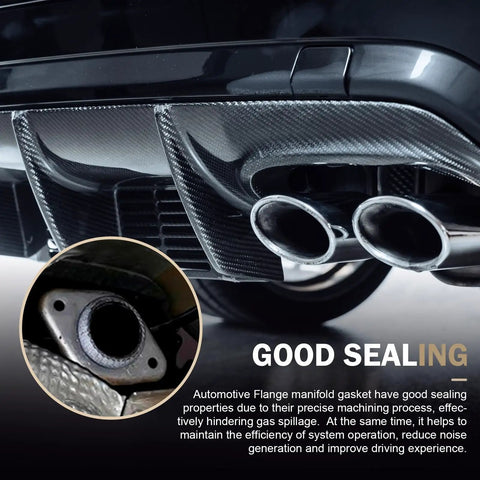 Close-up of a 2 Piece Universal Exhaust Manifold Gasket Set Donut Gasket installed on a car exhaust, highlighting sealing feature.