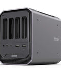 Kickstart Your Daily Hustle With This Professional Four Bay Docking Station Featuring Thunderbolt And USB C Ports For Lightning Fast Offloading with gray chassis.