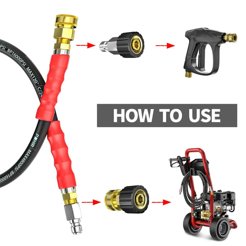 POHIR 3/8 in pressure washer whip hose, 2 ft, red handle with brass quick-connect fittings and spray gun
