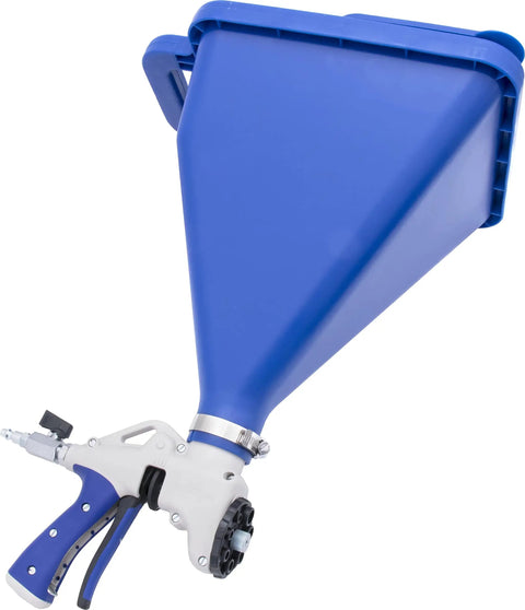 Top Shelf 2 Gallon Hopper Gun Paint Sprayer Featuring Slick Adjustable Nozzle And Quick 45 Degree Angle Adapter Soft Grip Trigger Smooth Flat Texturing For Drywall And Interior Floors, blue hopper with ergonomic trigger.