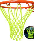 Glow Night Light Basketball Net For Outdoor Hoops, Luminous Nylon Net That Lights Up At Night, Portable Sun Powered And Weatherproof, Official Size 21 Inch, 12-Loop Rim Net For Standard Basketball Rims, Easy Install, Durable Outdoor Accessory installed on standard basketball rim.