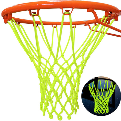Glow Night Light Basketball Net For Outdoor Hoops, Luminous Nylon Net That Lights Up At Night, Portable Sun Powered And Weatherproof, Official Size 21 Inch, 12-Loop Rim Net For Standard Basketball Rims, Easy Install, Durable Outdoor Accessory installed on standard basketball rim.