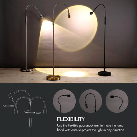Adjustable LED Floor Lamp With Dimmable And Zoomable Spotlight, Flexible Gooseneck, showing 3 positions in matte black and brass finish