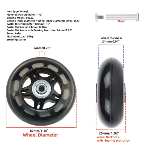 80mm PU Replacement Luggage Wheels with ABEC-7 Bearings for Suitcases, showing wheel dimensions and measurements