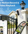 Wireless Outdoor Security Camera Set With 355 Degree Pan 2K Color Night Vision Battery Powered WiFi Enabled Motion Detection Two Way Talk IP65 Weatherproof Spotlight Siren SD Cloud Storage 2 Pack No-Hassle Setup installed on gate post with smartphone app and filmstrip.
