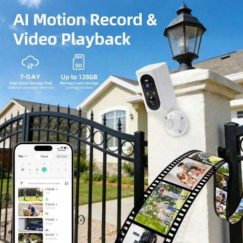 Wireless Outdoor Security Camera Set With 355 Degree Pan 2K Color Night Vision Battery Powered WiFi Enabled Motion Detection Two Way Talk IP65 Weatherproof Spotlight Siren SD Cloud Storage 2 Pack No-Hassle Setup installed on gate post with smartphone app and filmstrip.