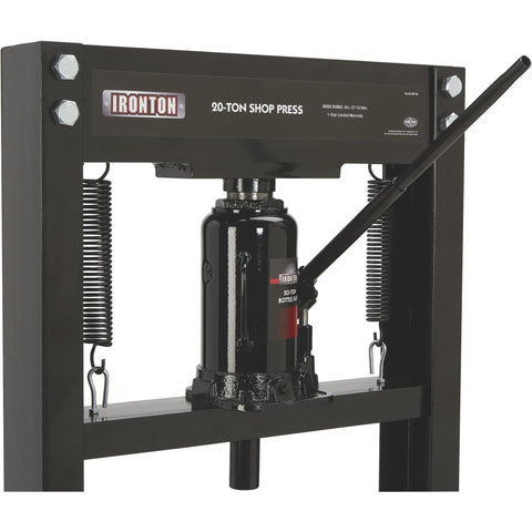 Heavy Duty Twenty Ton Hydraulic Shop Press With Adjustable Platform And Extended Lever For Easy Pumping beefy steel frame close-up.