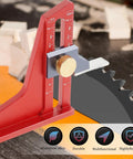 Woodworking Height Gauge With CNC Machined Aluminum Alloy Depth Tool in use on table saw, dual scales visible, pro grade