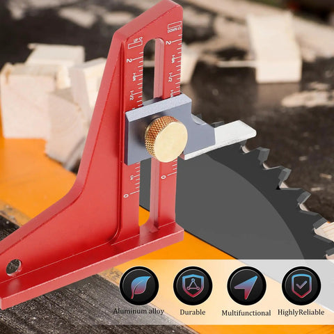 Woodworking Height Gauge With CNC Machined Aluminum Alloy Depth Tool in use on table saw, dual scales visible, pro grade