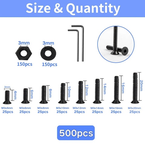 Massive 500 Piece M3 Countersunk Head Socket Cap Screws Set 4 6 8 10 12 14 16 20mm Fully Threaded Ten Nine Grade