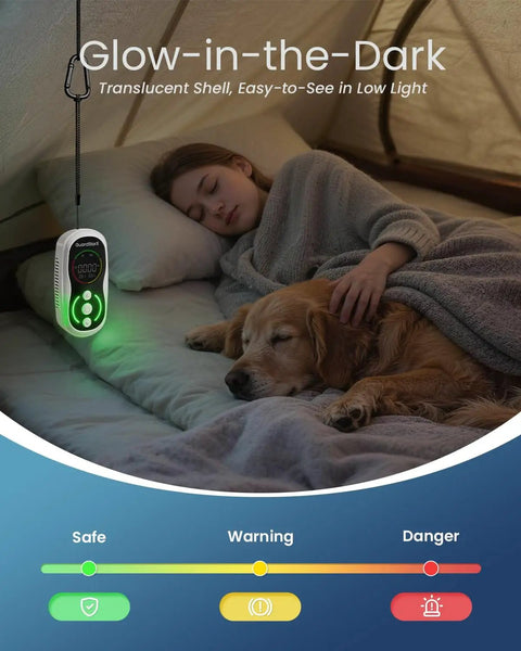 Portable Carbon Monoxide Detector With Real Time CO Readings From Zero To One Thousand Ppm in a tent, glowing in the dark.