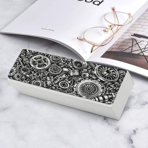 Industrial Metal Gear Textured Leather Eyeglass Case With Heavy Duty Magnetic Closure and Ultra Soft Velvet Lining on desk.