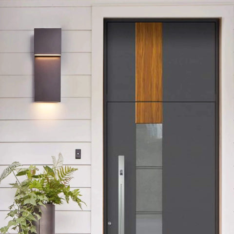 Sleek Outdoor Indoor LED Wall Sconce With Two Lights, 17W Total, Bronze Finish installed beside front door on porch