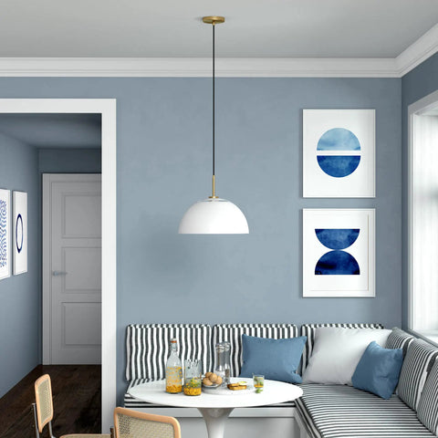 16 Inch Wide Pendant Light With Metal Shade In White And Brushed Brass for home kitchen with modern mid-century vibe
