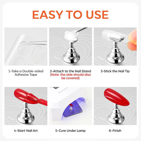 Step-by-step process using Magnetic Nail Stand For Press On Nails With A Large Flat Metal Base That Holds Ten Tips At Once