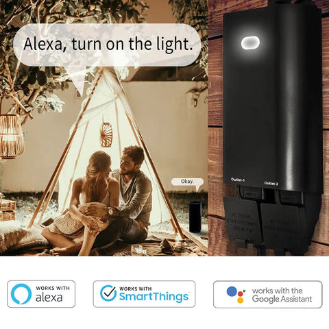 Couple by a tent with Outdoor Z Wave Dual Smart Outlet With Waterproof Dual Socket No Fuss Repeater Built In Hub Required Works With SmartThings Wink Alexa Google Assistant