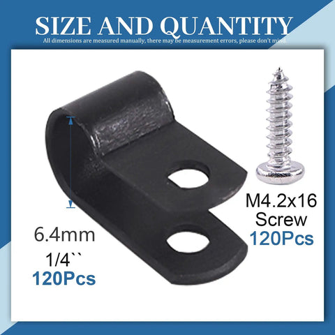 One Quarter Inch Black Nylon R Type Cable Clip Wire Clamp Kit With 120 Screws For Wires Cables Conduit And Cable Management
