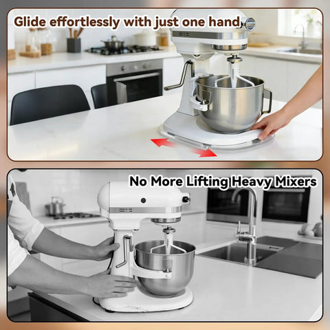 Heavy Duty Stand Mixer Slider For K5SS And Pro 500 Series in use on kitchen countertop, demonstrating easy glide and stable fit.