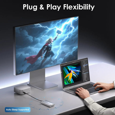 Next Level 80Gbps M.2 NVMe SSD Enclosure With Thunderbolt 5 And USB4 V2 Support on a desk connected to a laptop and monitor.