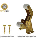 Built Tough Spring Loaded Screen Door Catch Slick Brass Finish Iron Frame with screws for secure installation.