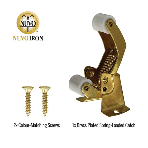 Built Tough Spring Loaded Screen Door Catch Slick Brass Finish Iron Frame with screws for secure installation.