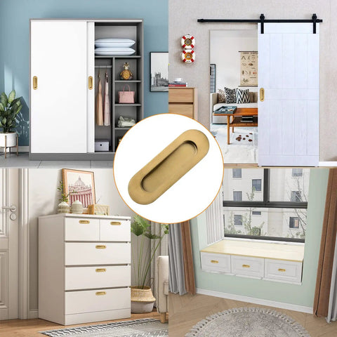 Two Pack Brushed Gold Stainless Steel Flush Pull Handles With Side Hole Oval Embedded Recessed Finger Pulls
