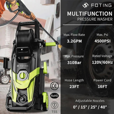 4500 PSI Pressure Washer With 4 Quick Connect Nozzles Inlet Hose And Filter And Foam Cannon for home cleaning, green unit