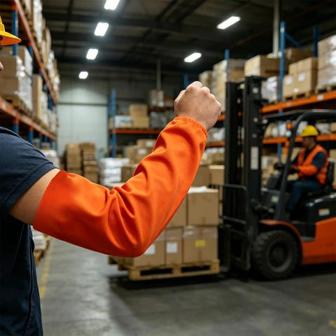 No Sweat Flame Resistant Welding Sleeves With Adjustable Cotton Fit shielding arm in vivid orange color in warehouse.