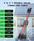 Solar Y Connector 4 To 2 Parallel Adapter For Solar Panels visible with IP68 waterproof rating next to a solar panel.