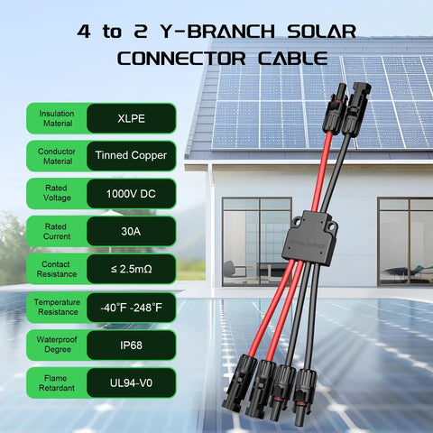 Solar Y Connector 4 To 2 Parallel Adapter For Solar Panels visible with IP68 waterproof rating next to a solar panel.