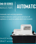 Front view of Little Giant VCMA-20ULST condensate pump, white plastic housing with black base, 115V 80 GPH