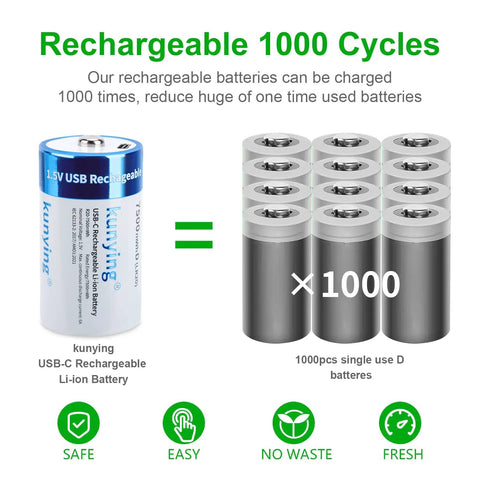 Eight Pack Rechargeable D Batteries With USB Charging Cable, Long Lasting 1.5V 7500mWh D Size Power, 1000 cycles
