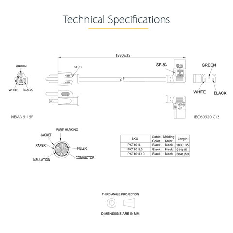 Technical diagram of 3ft Right Angle Power Cord NEMA 5-15P to IEC 60320 C13 18AWG 10A 125V UL Listed Replacement Cable