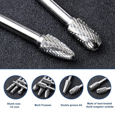 10-piece carbide burr set for metalwork, 1/4 inch shank, double-cut solid carbide bits for engraving and polishing metal surfaces.