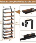 Image showing measurements and features of the Eight Tier Over The Door Pantry Organizer With Adjustable Wire Baskets And Heavy Duty Support Rails.