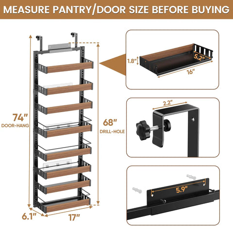 Image showing measurements and features of the Eight Tier Over The Door Pantry Organizer With Adjustable Wire Baskets And Heavy Duty Support Rails.