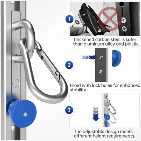 Built Tough Adjustable Resistance Band Wall Anchor Mount System with stainless steel carabiner and adjustable blue knob.