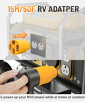 Straight Up Heavy Duty 50 To 110 Volt Rv Adapter Converts Nema 5-15P Household Outlet To 14-50R Camper Socket with yellow plug connecting to outlet.