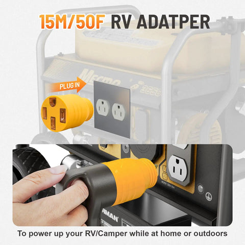 Straight Up Heavy Duty 50 To 110 Volt Rv Adapter Converts Nema 5-15P Household Outlet To 14-50R Camper Socket with yellow plug connecting to outlet.