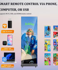 No Hassle Plug And Play 80 Inch Vertical Led Display showcasing smart remote control features, with full color advertising content.