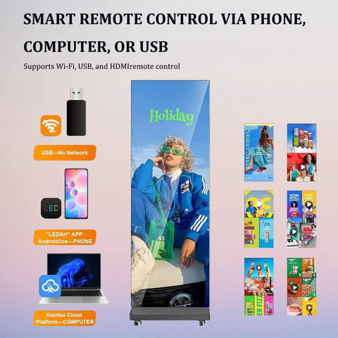 No Hassle Plug And Play 80 Inch Vertical Led Display showcasing smart remote control features, with full color advertising content.