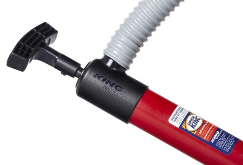 Close-up of Siphon King 24 Inch Hand Transfer Pump With 36 Inch Hose showing ergonomic handle and lightweight steel shaft