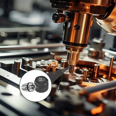 Close-up of CNC machine using Pro Grade Complete 19 Piece Spring Collet Set With M14 Threaded Clamping Nuts for precision engraving.